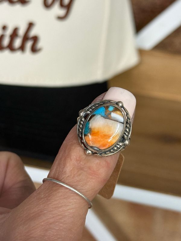 Handmade Spiny Oyster &amp; Turquoise Ring Size 8