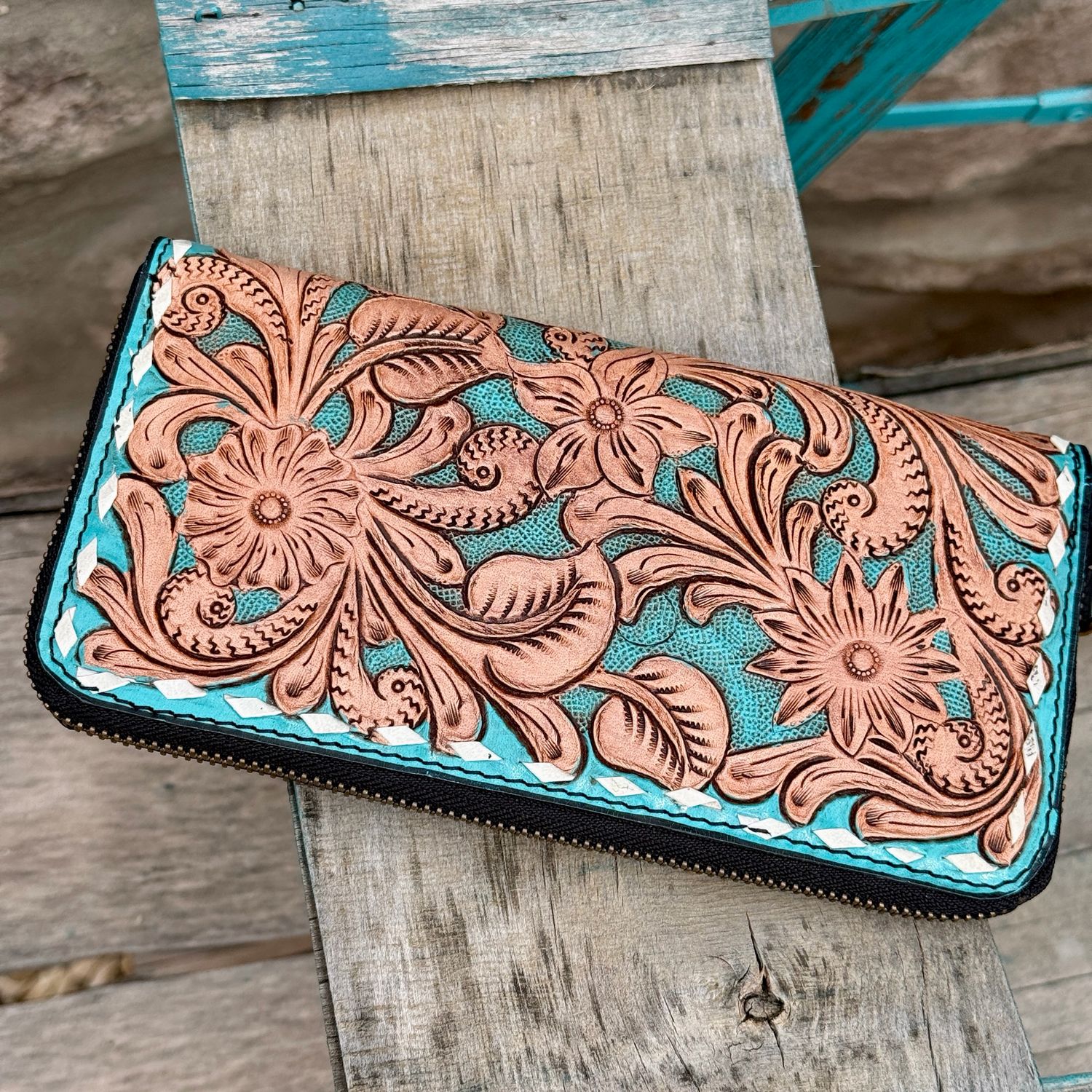 Tooled Leather Turquoise Accented Wristlet Wallet