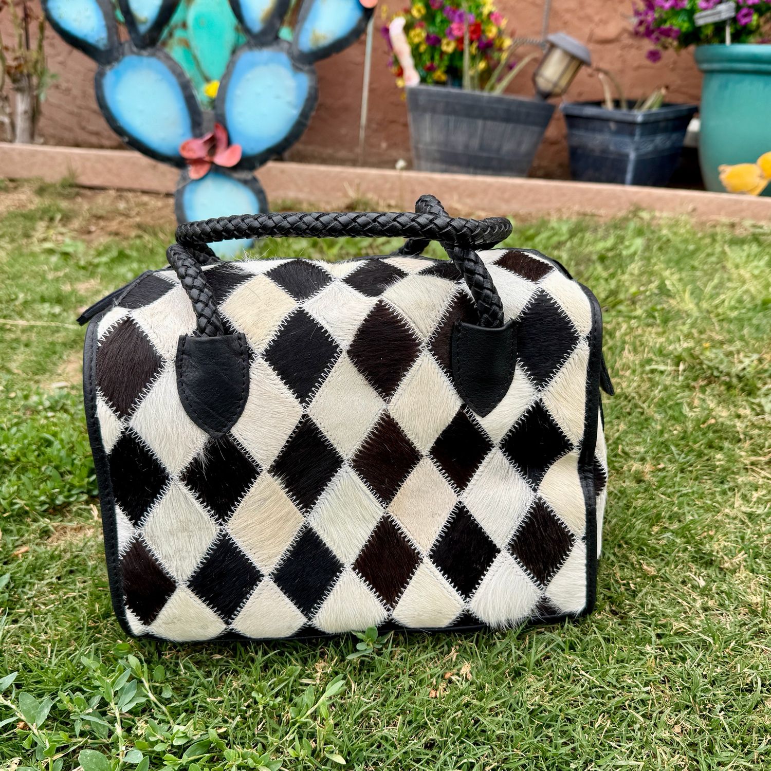 Black Diamond Cowhide Speedy Barrel Handbag