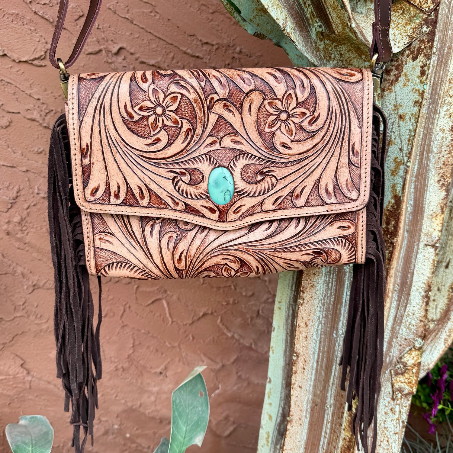 Western Tooled Leather Fringe Handbag
