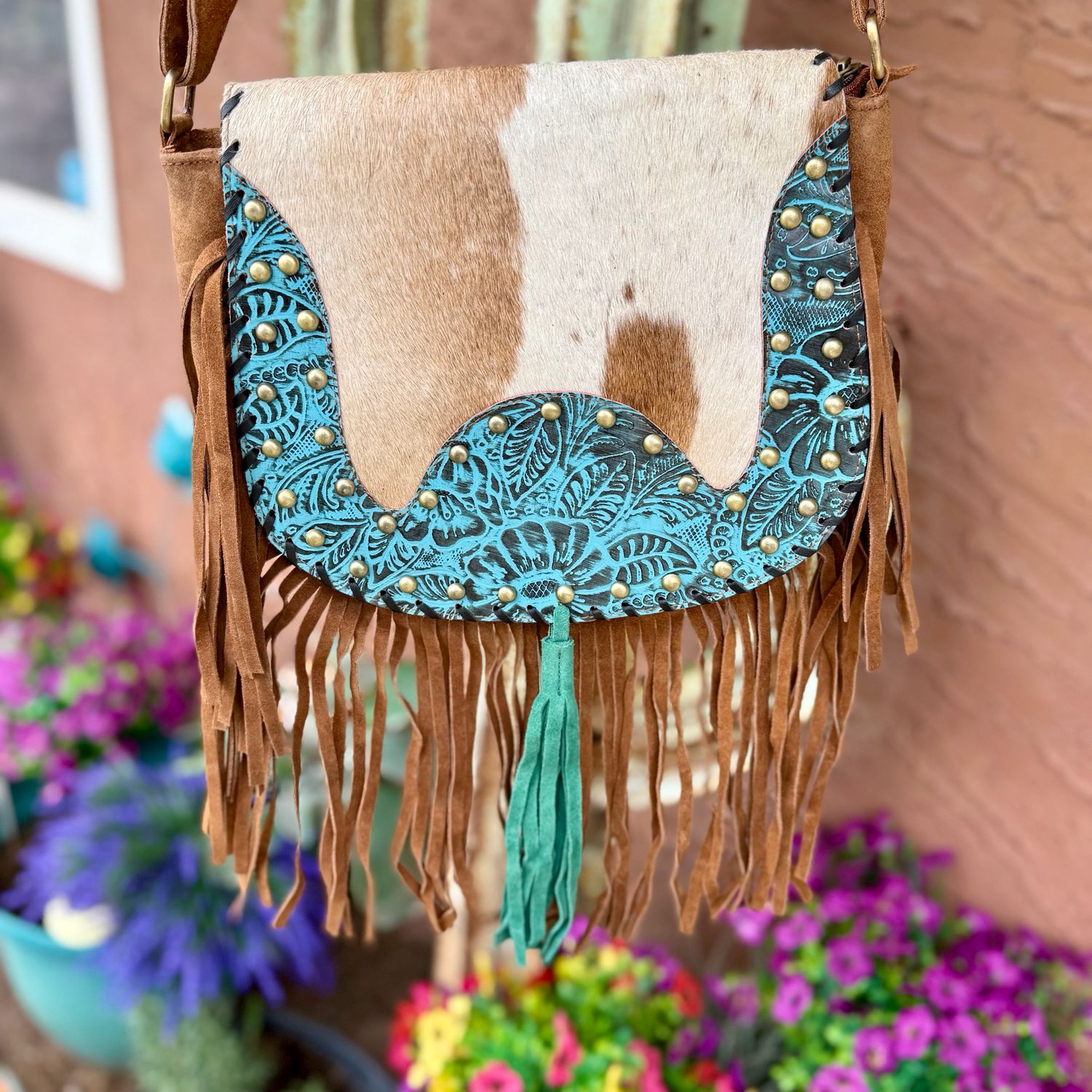 Cowhide &amp; Turquoise Boho Fringe Crossbody