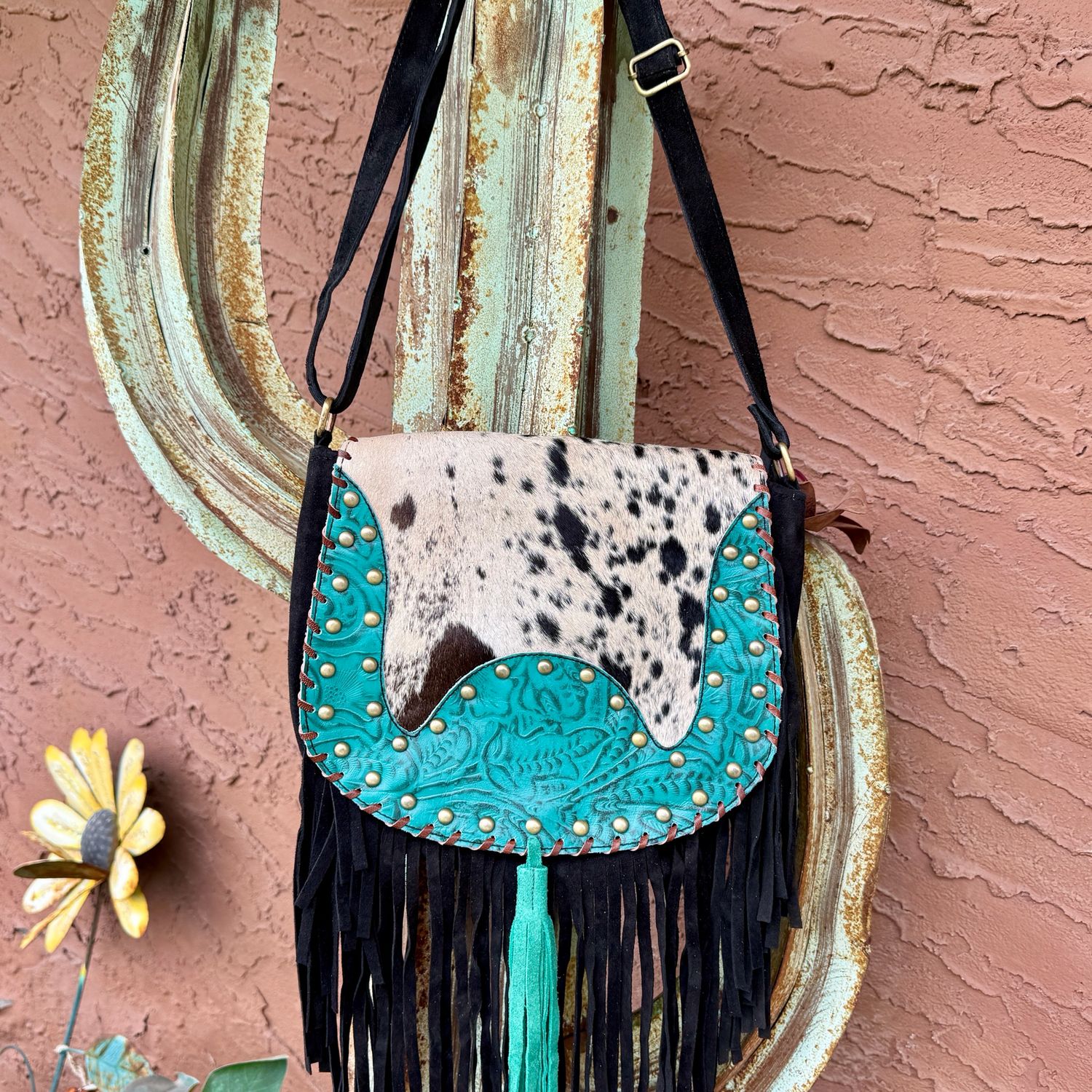 Turquoise Leather Cowhide Fringe Crossbody