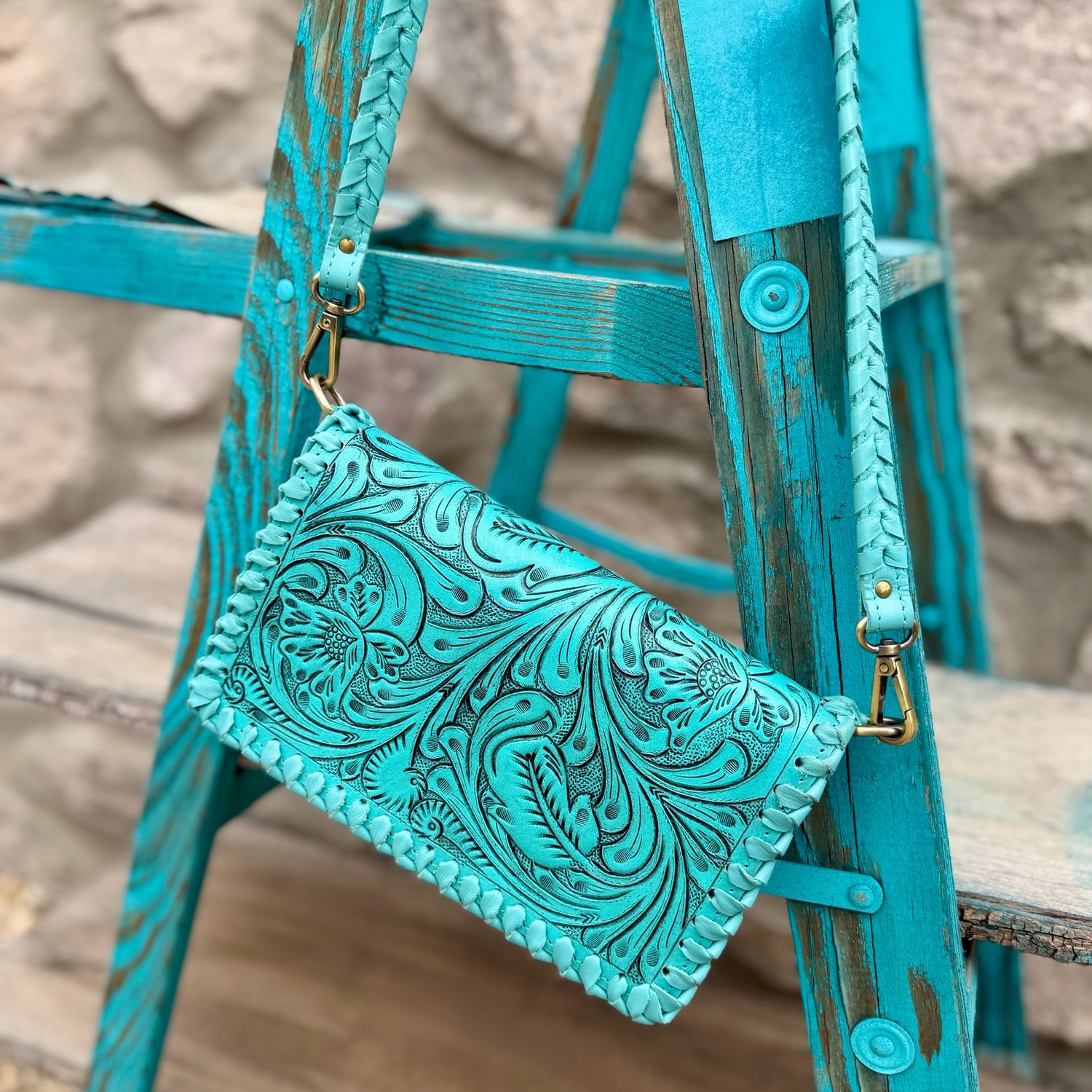 Teal Turquoise Tooled Leather Wallet Crossbody