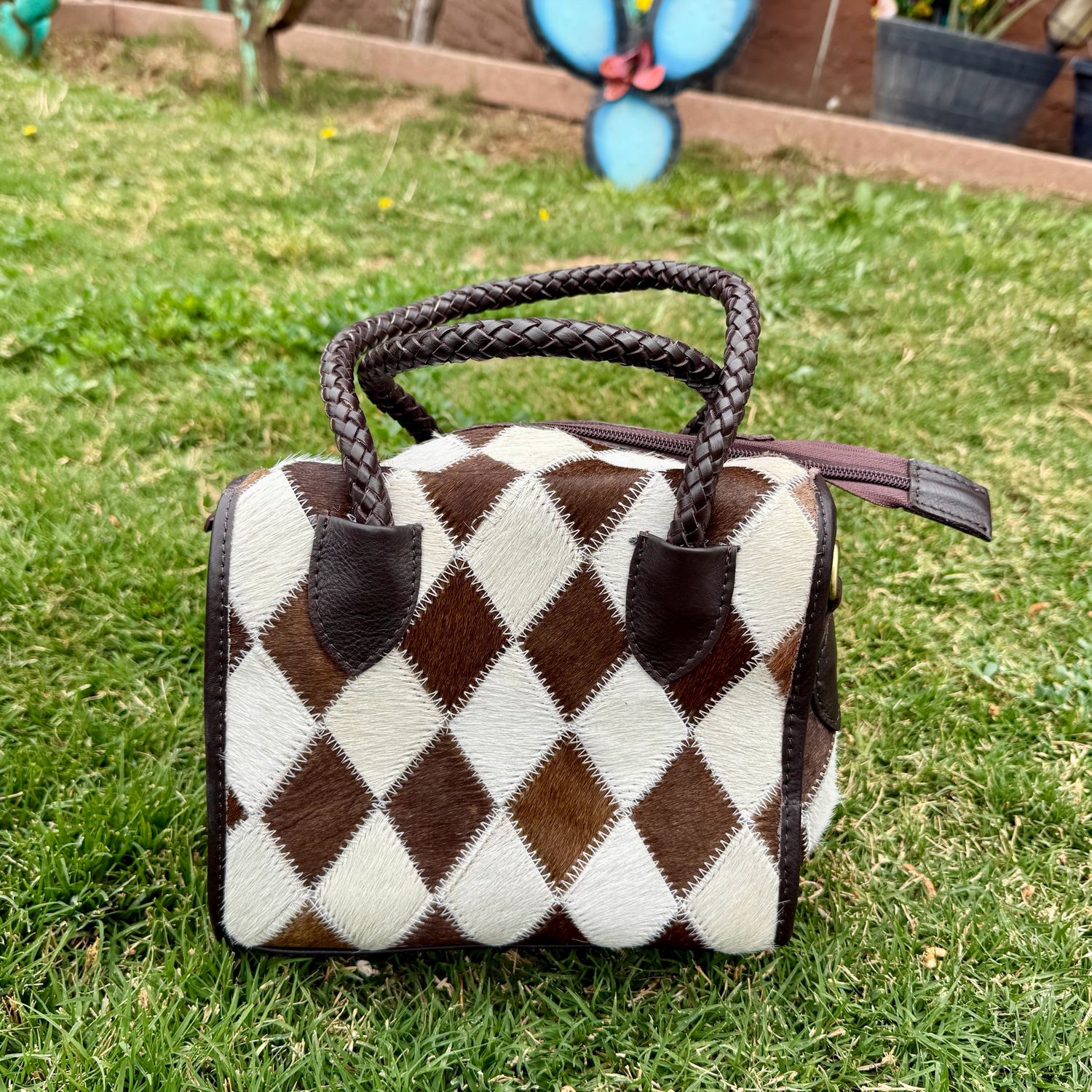 Brown Diamond Cowhide Small Speedy Barrel Bag