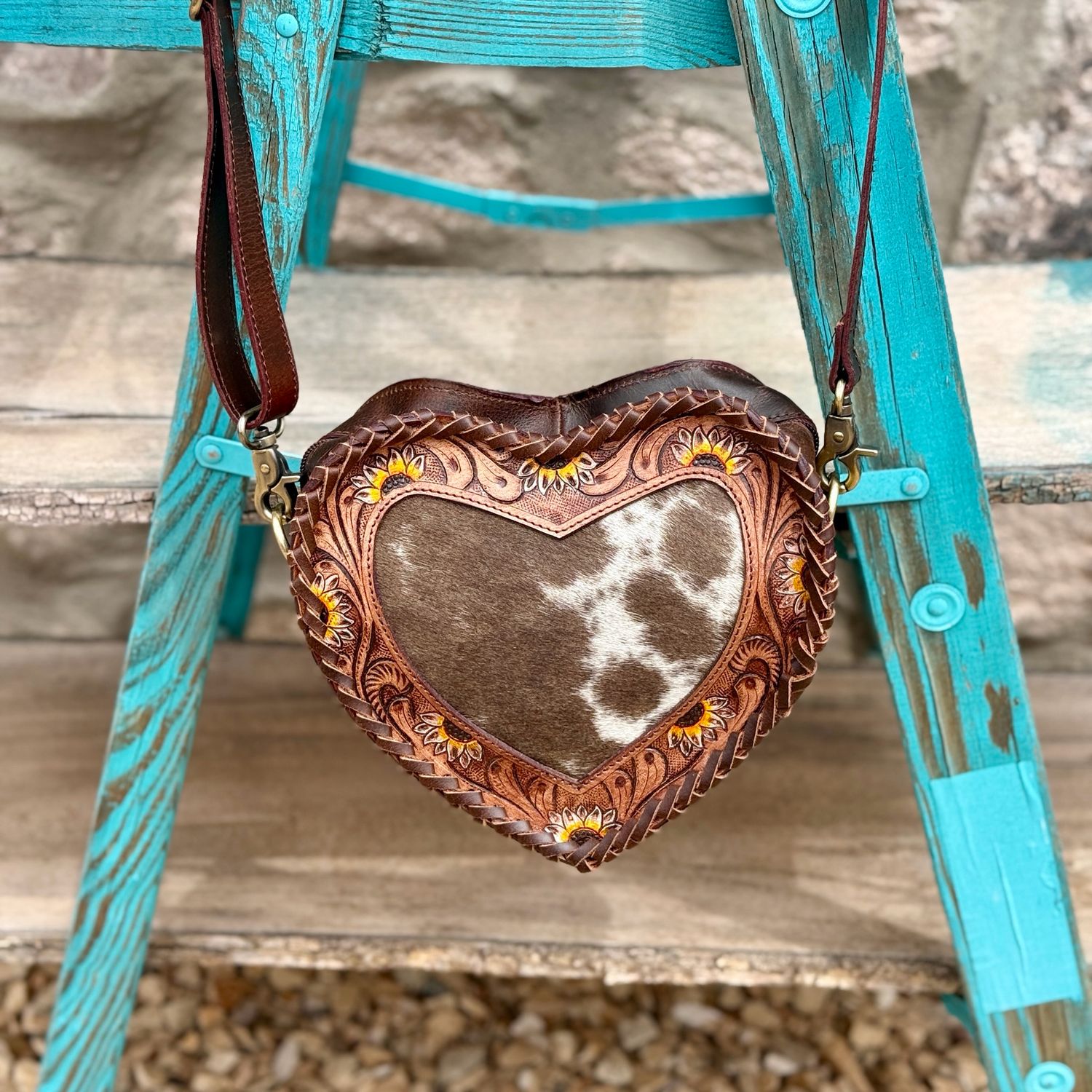 Heart Shape Cowhide and Tooled Leather Crossbody