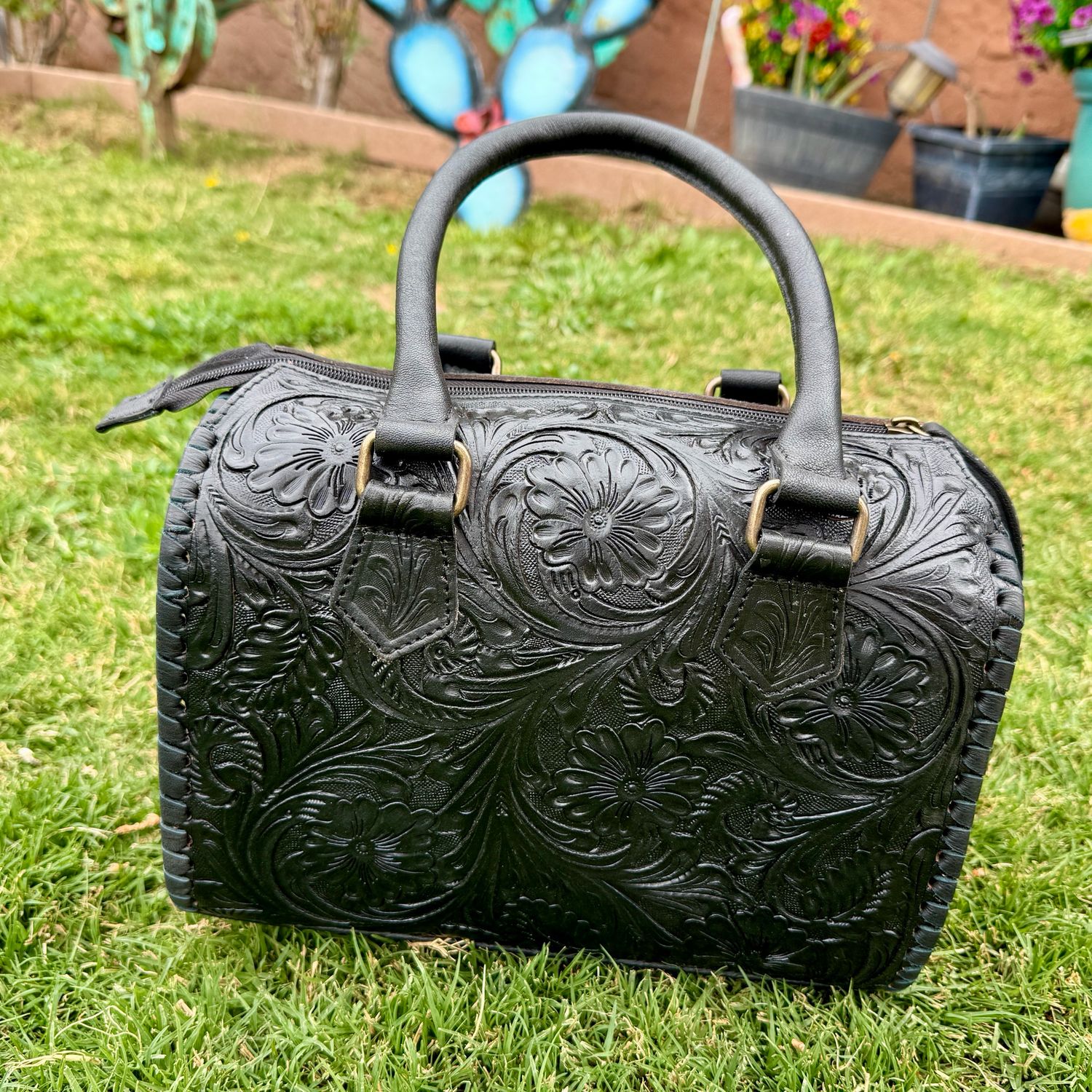 Black Tooled Leather Speedy Barrel Bag - Medium