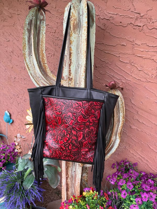 Red Floral Leather Tooled Leather Fringe Handbag