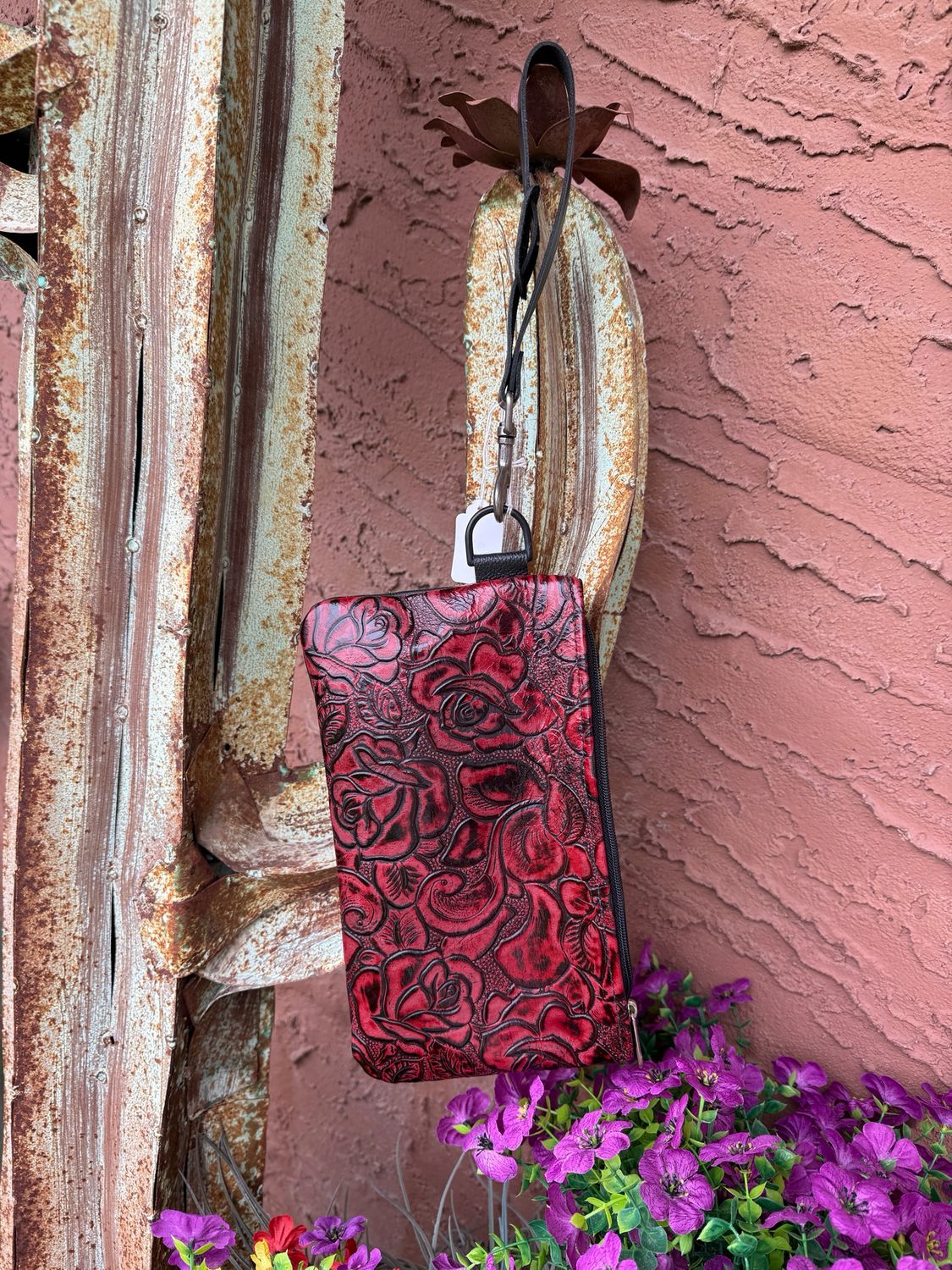 Red Floral Leather Tooled Wristlet Wallet