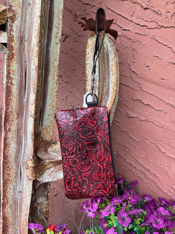 Red Floral Leather Tooled Wristlet Wallet
