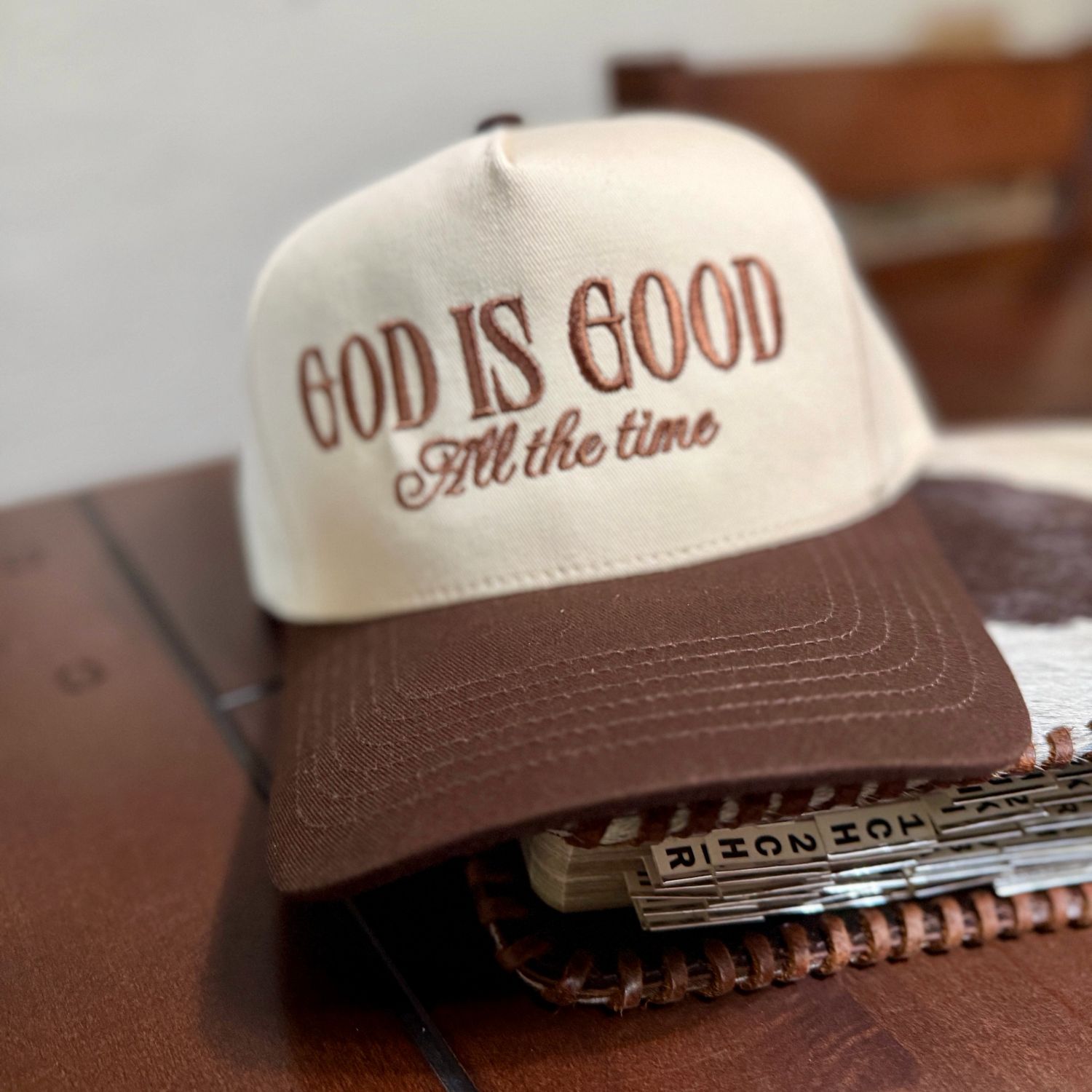 God Is Good All The Time Brown Embroidered Trucker Hat