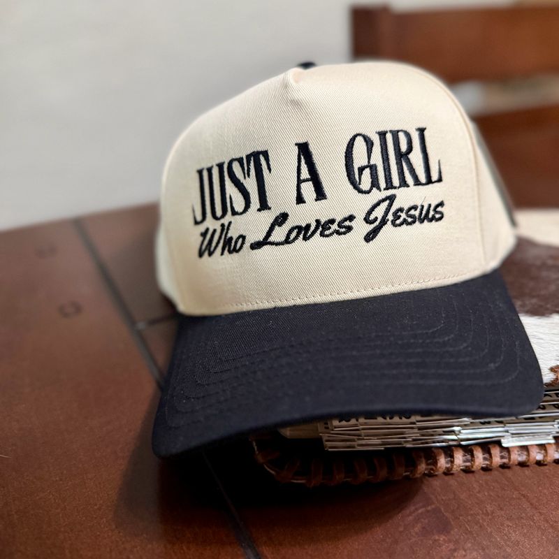 Just A Girl Who Loves Jesus Black Embroidered Trucker Hat