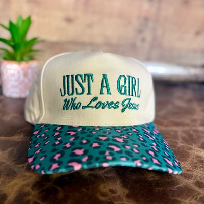 Just A Girl That Loves Jesus Turquoise Cheetah Embroidered Trucker Hat