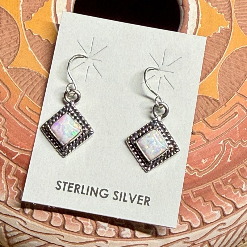Diamond Shape Sterling Silver Opal Earrings