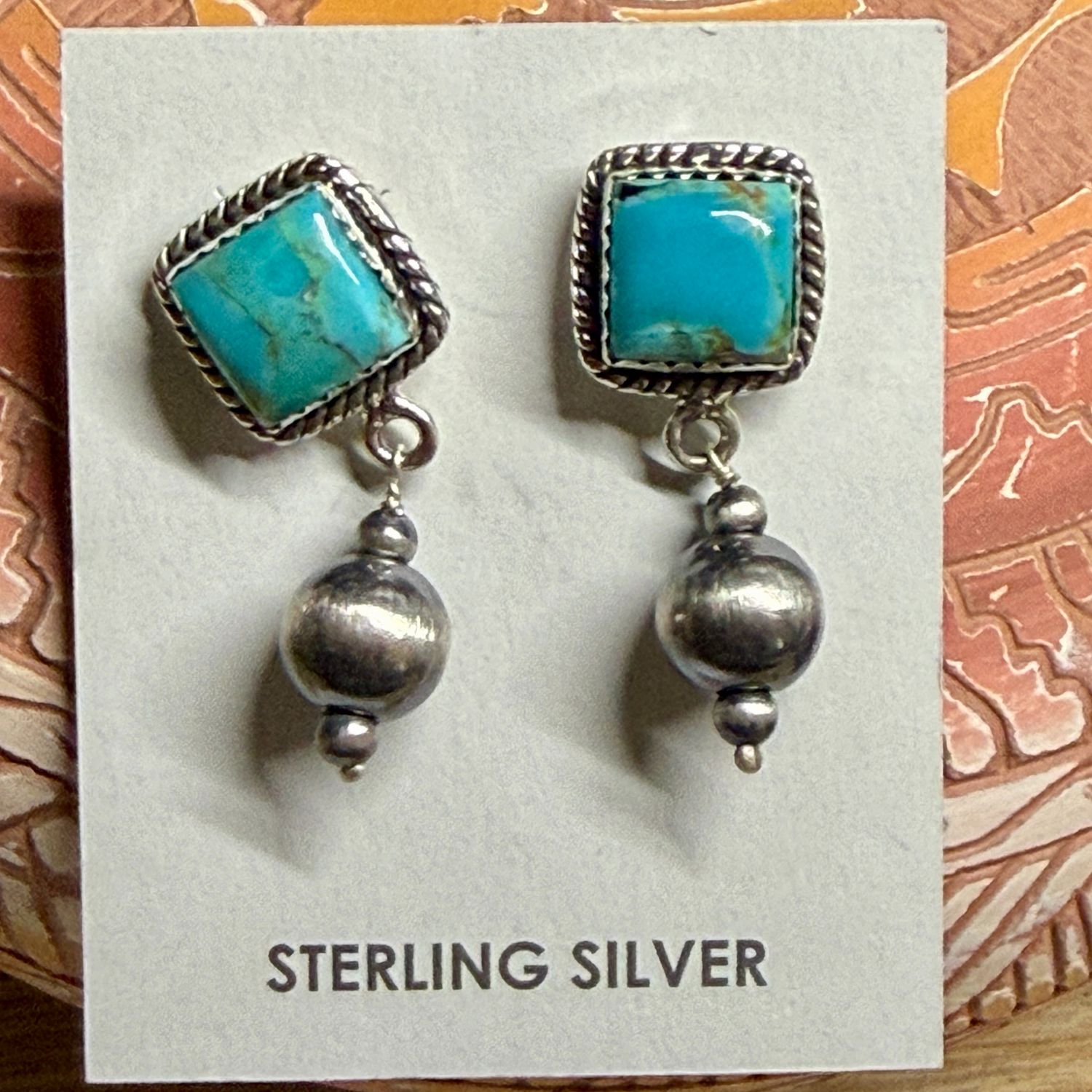 Square Kingman Turquoise Earrings with Sterling Silver Beads