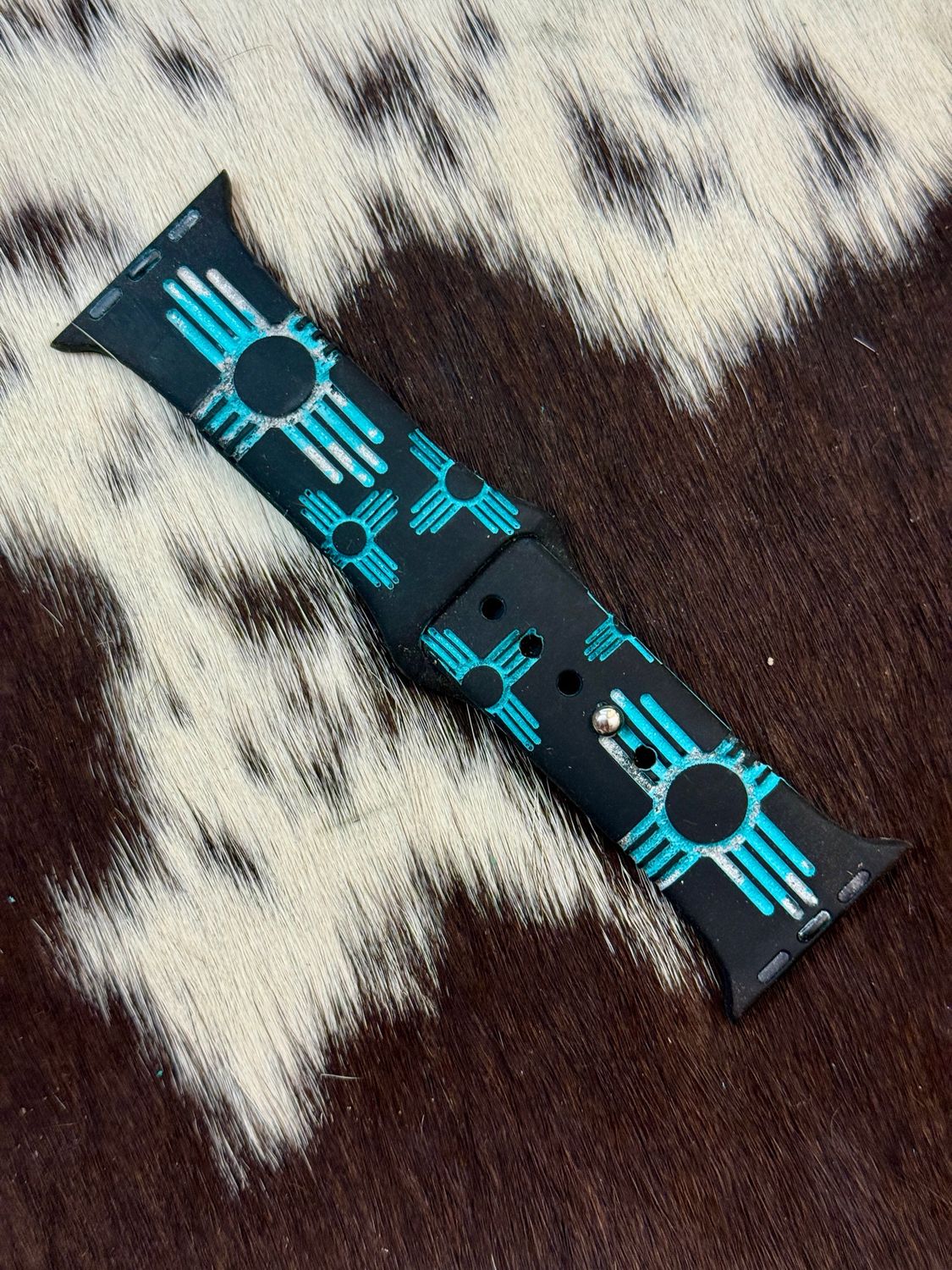 Turquoise Silver Zia Engraved Black Silicone iwatchband 38-41