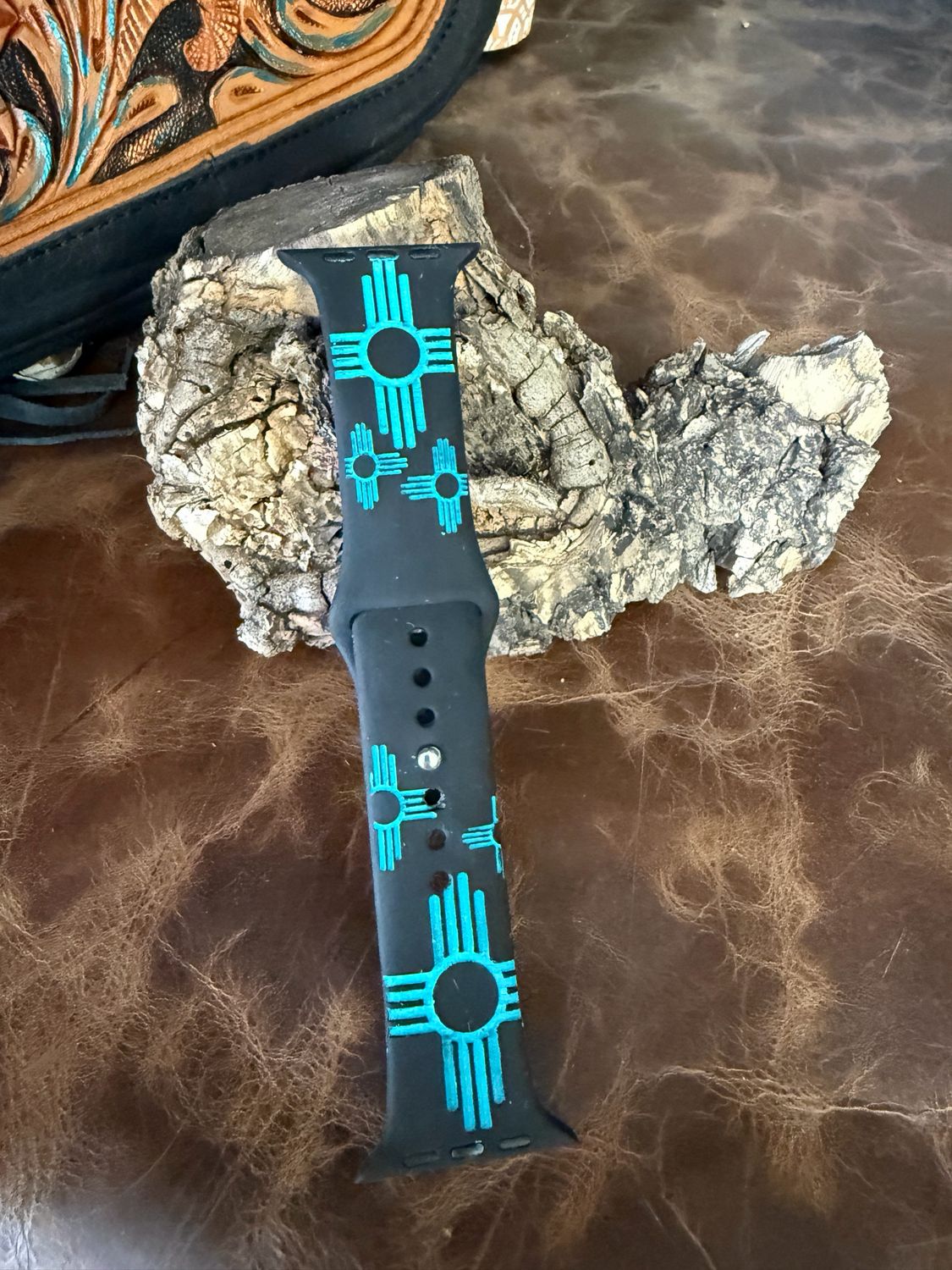 42-45 Black Turquoise Zia Engraved Silicone iwatch Band