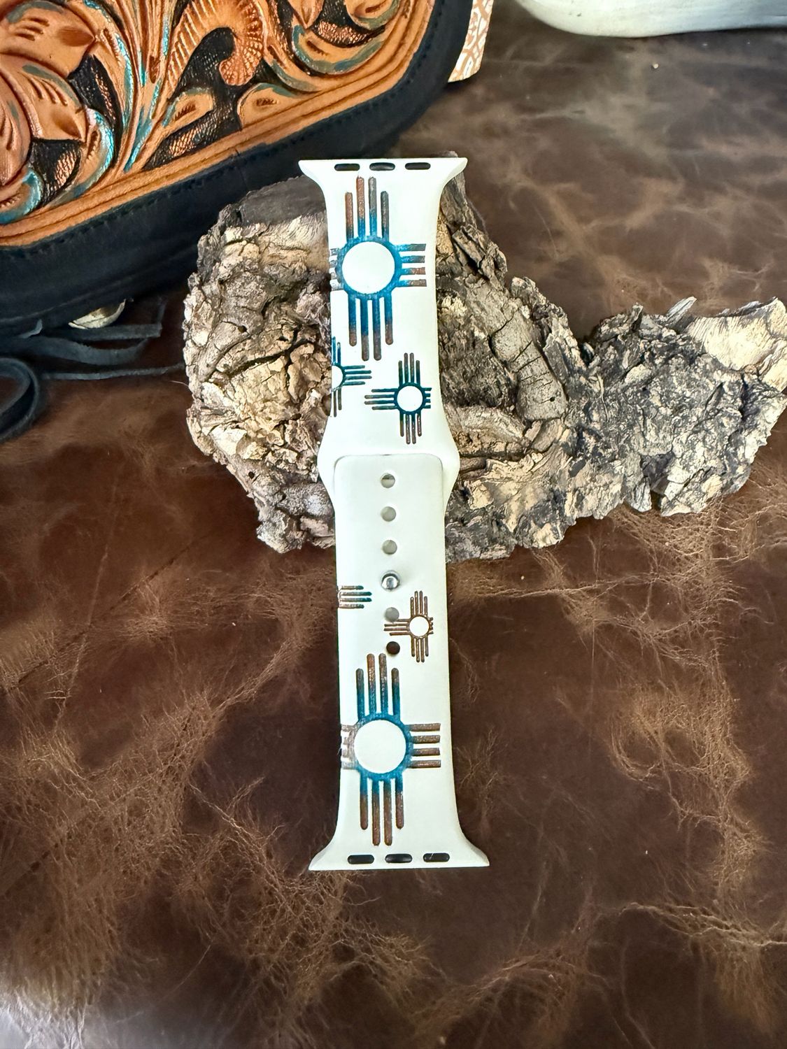 42-45 Bone Band Turquoise Patina Zia Engraved Silicone iwatch Band