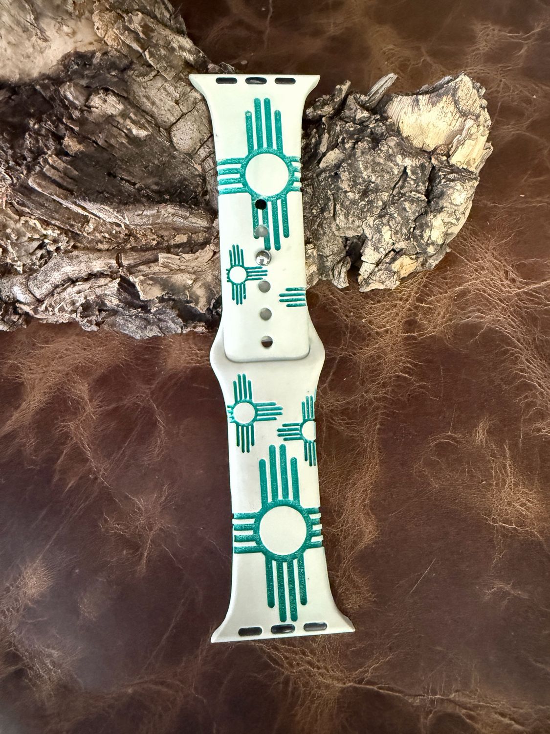 38-41 Bone Teal Zia Engraved Silicone iwatch Band