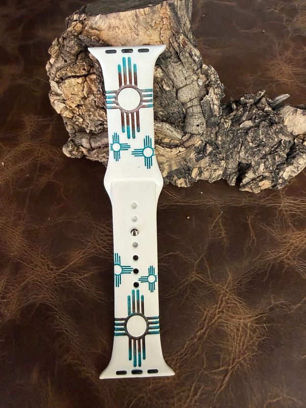 38-41 White Band Turquoise Bronze Zia Engraved Silicone iwatch Band
