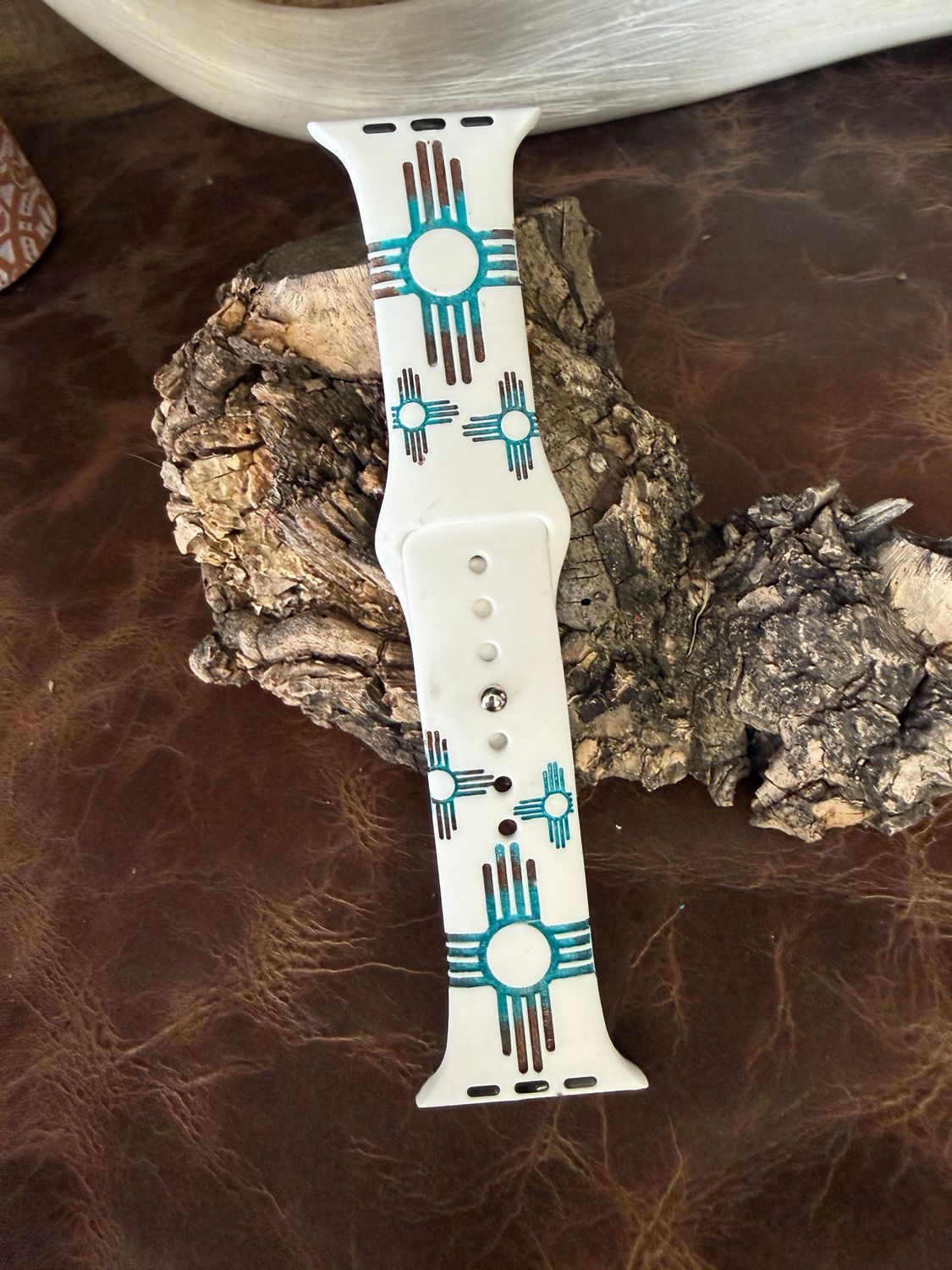 42-45 White Band Turquoise Brown Zia Engraved Silicone iwatch Band