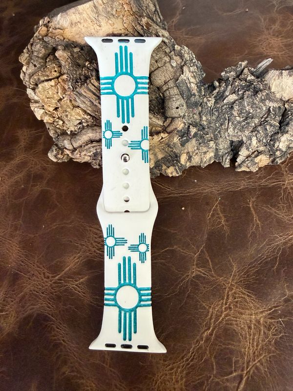 42-45 White Band Turquoise Zia Engraved Silicone iwatch Band