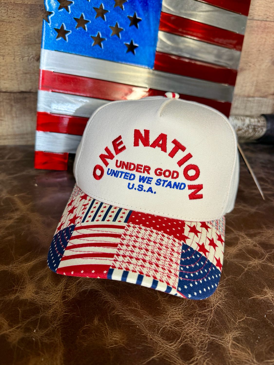 One Nation Under God Embroidered Patchwork Trucker Hat