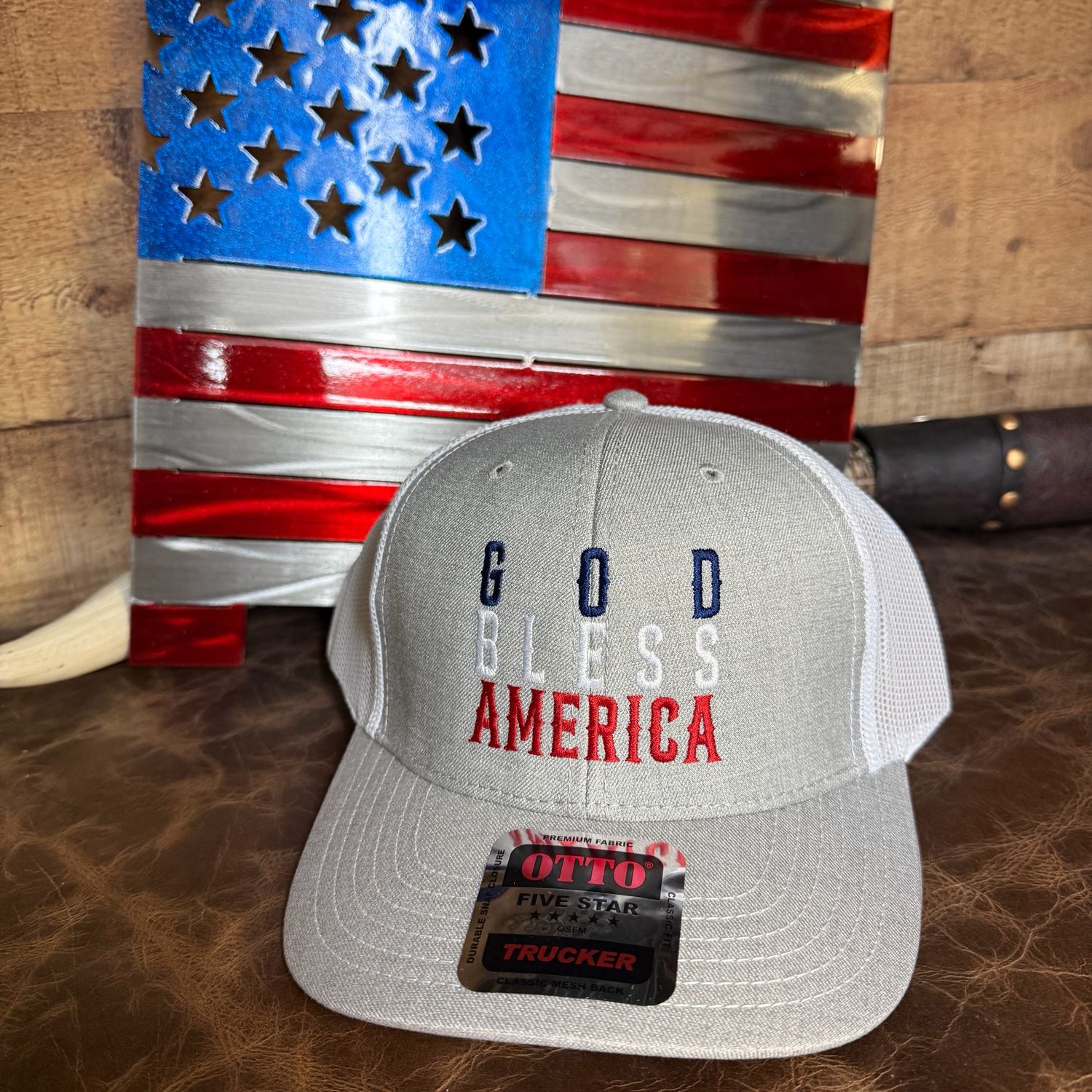God Bless American Gray Embroidered Trucker Hat