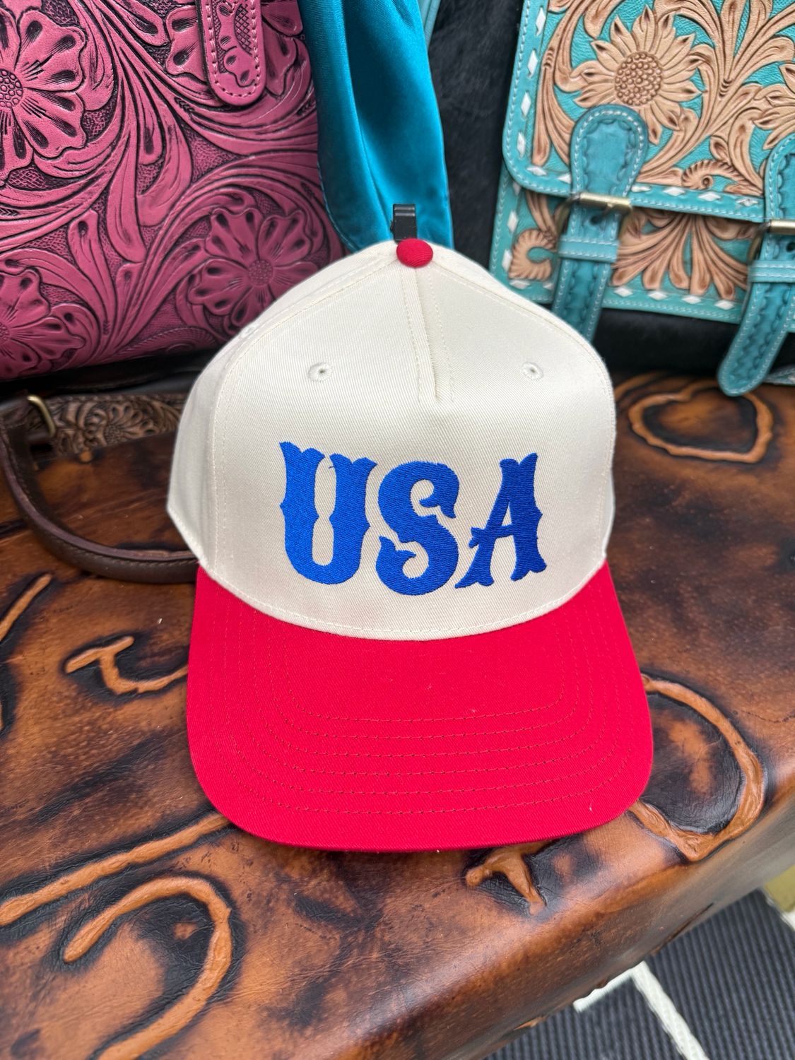 USA Red Brim Embroidered Trucker Hat