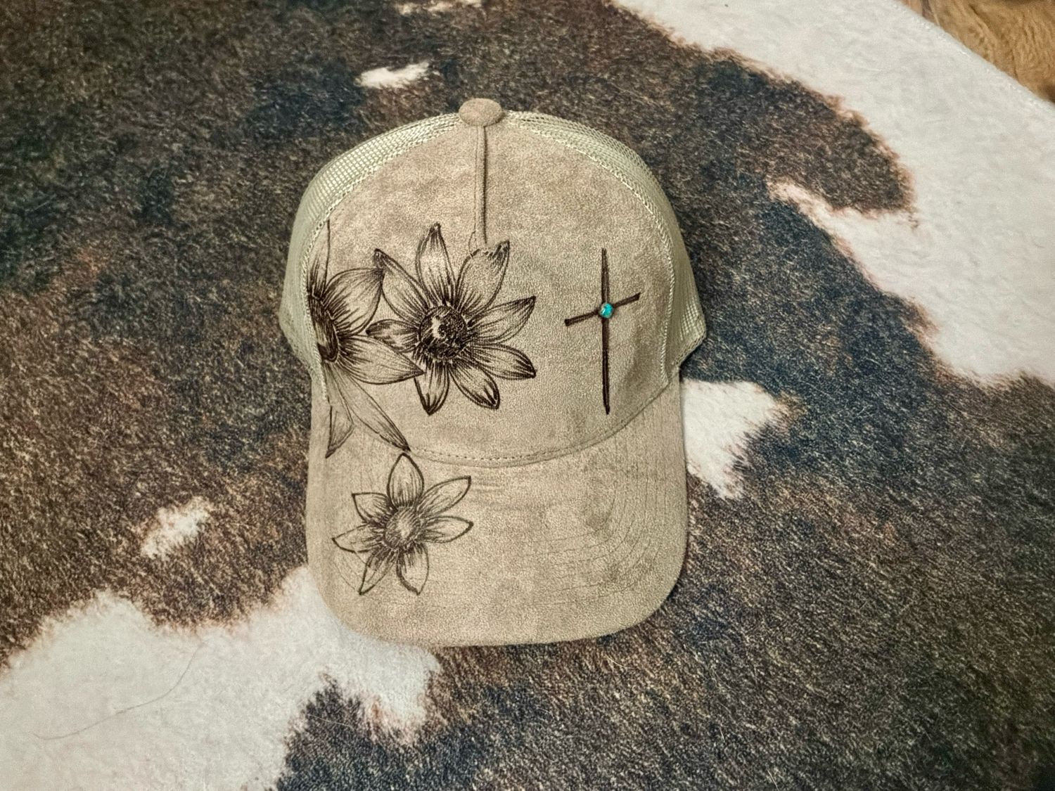 Floral Cross With Turquoise Stone Burned Trucker Hat -Brown