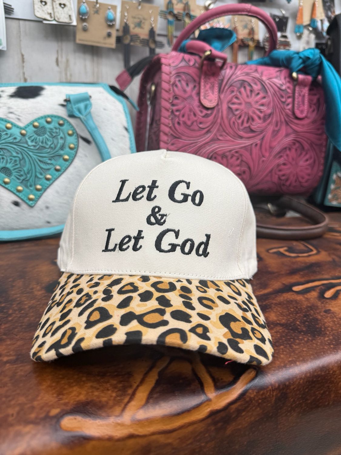 Let Go &amp; Let God Leopard Bill Embroidered Trucker Hat