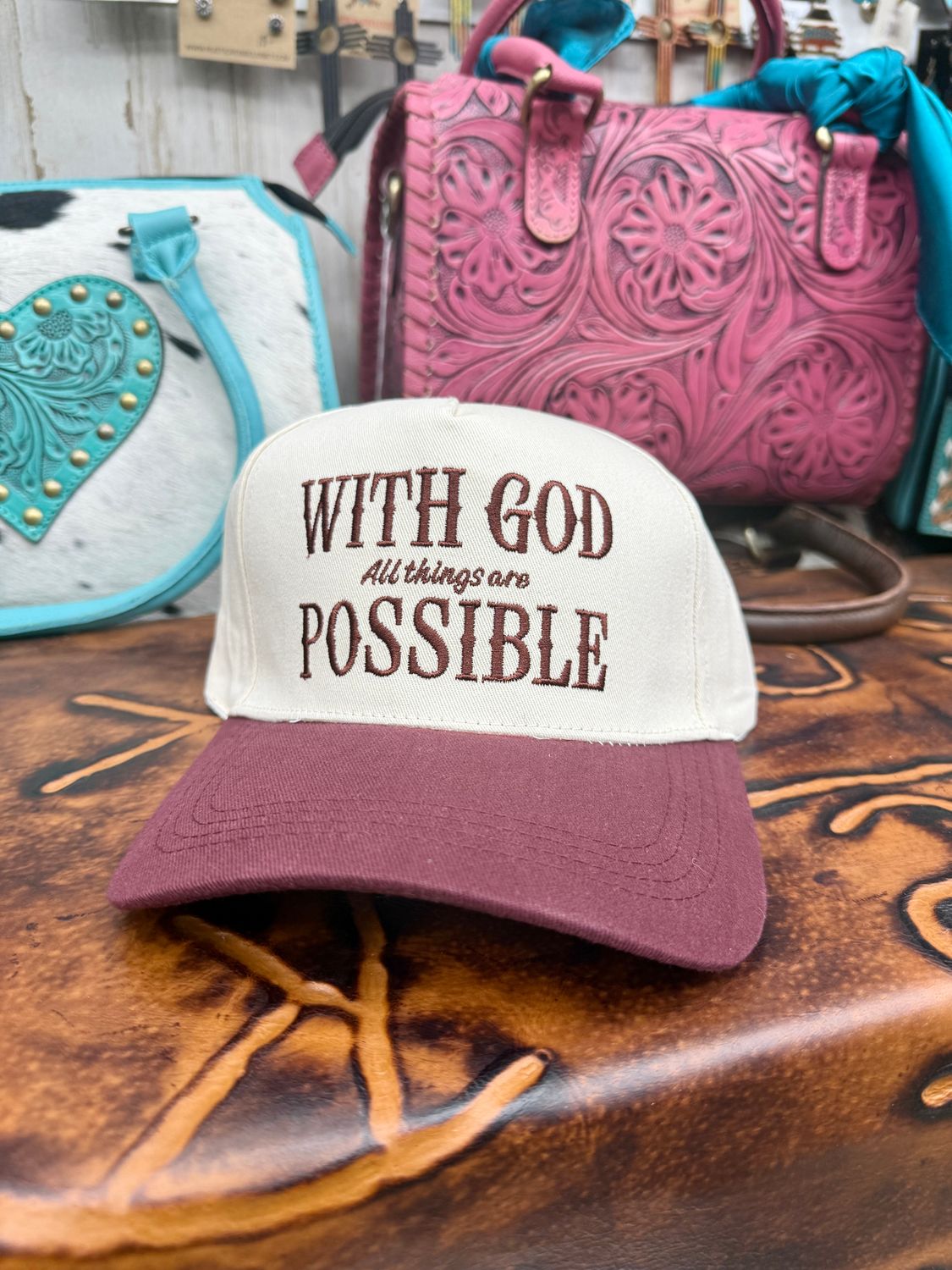 With God All Things Are Possible Crimson Embroidered Trucker Hat