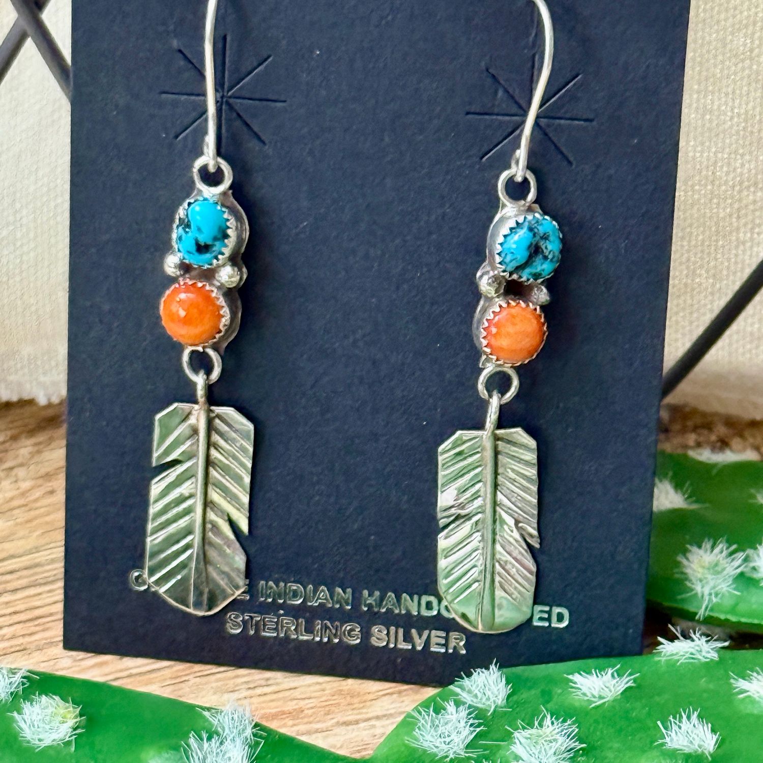 Turquoise Spiny Oyster Feather Hook Earrings