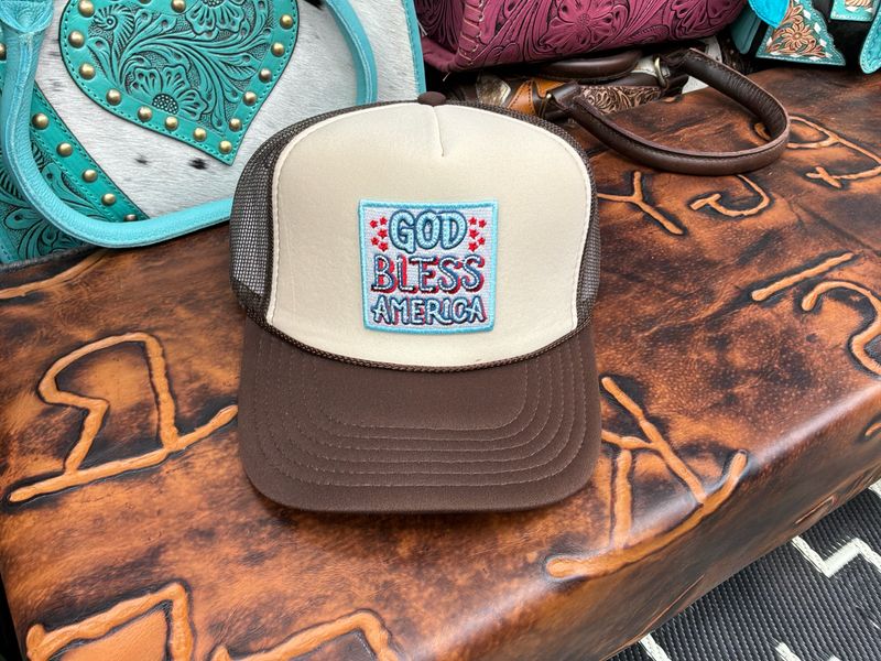 Brown- God Bless America Patch Trucker Hat