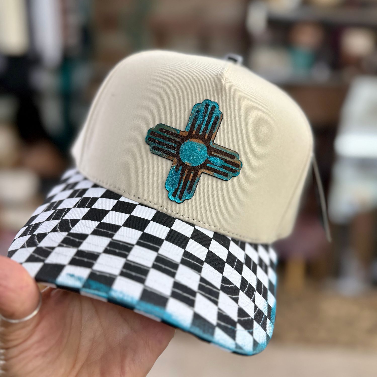 Checkered Bill Trucker Hat with Zia Leather Patch