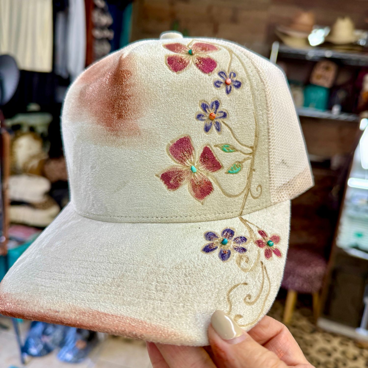 Floral Copper Burned Hat with Turquoise