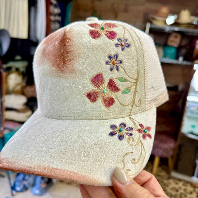 Floral Copper Burned Hat with Turquoise