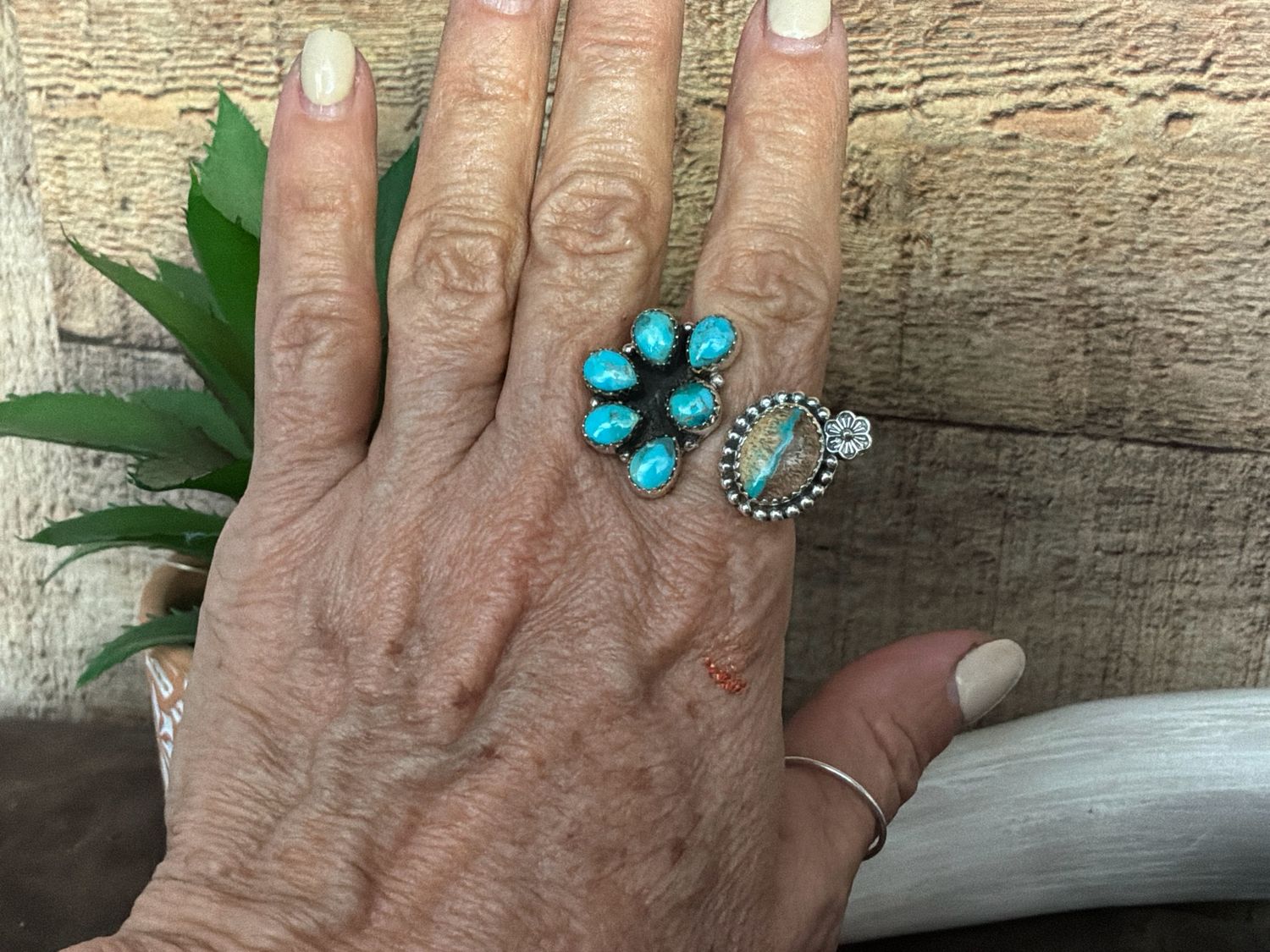 Half Cluster &amp; Turquoise Adjustable Ring