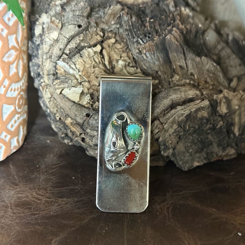 Money Clip Turquoise Coral Leaf