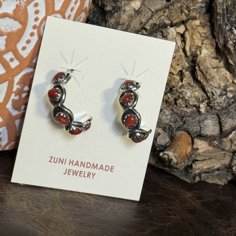 Red Coral Small Hoop Sterling Earrings