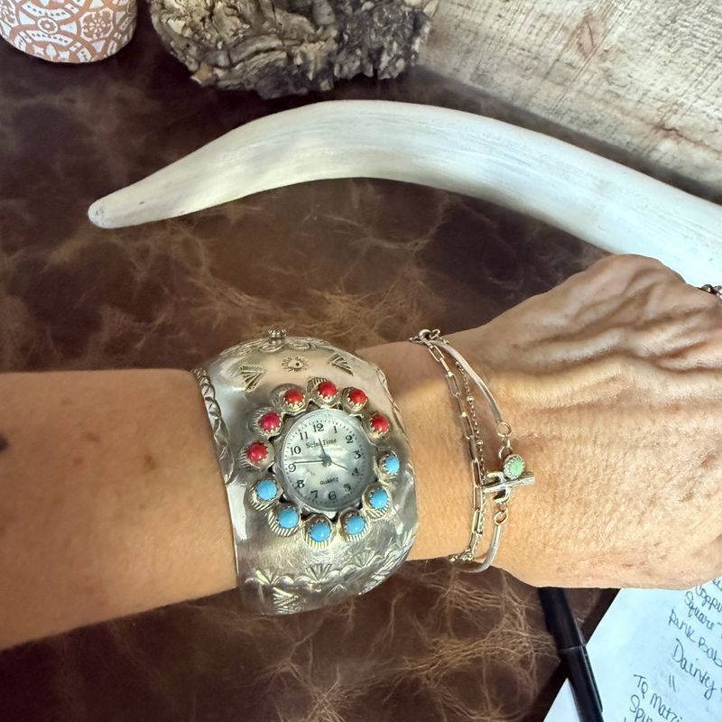 Sterling Silver Cuff Watch with Turquoise &amp; Coral