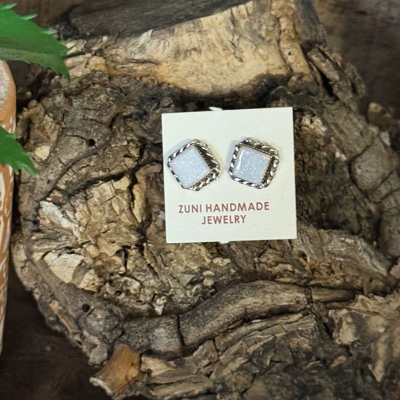 Square Opal Post Earrings Set in Sterling Rope Design