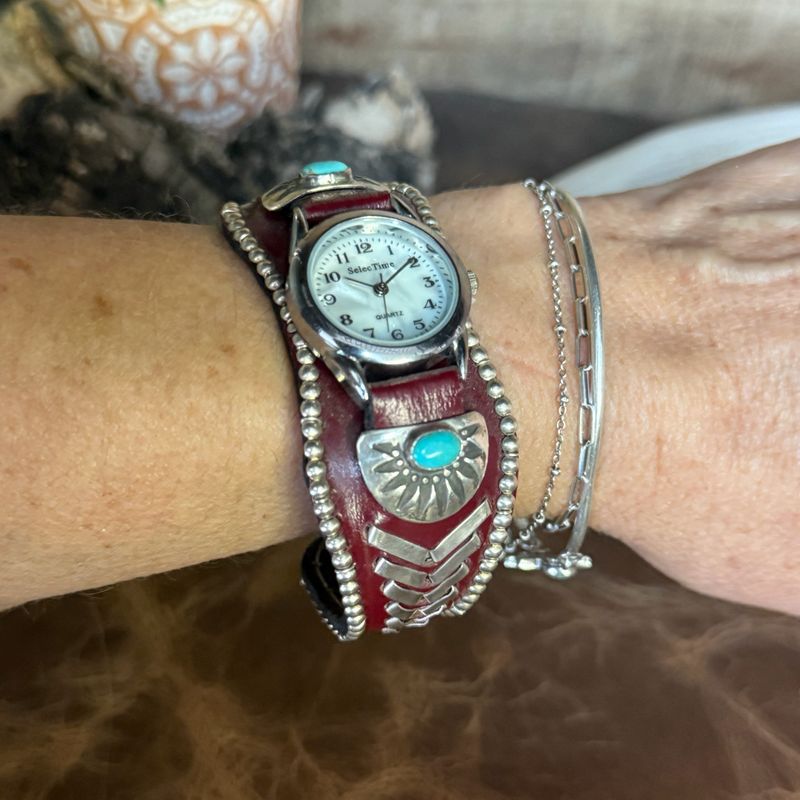 Red Leather Cuff Watch with Sterling Silver &amp; Turquoise