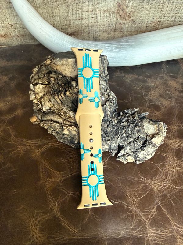38-41 Tan Band Turquoise Zia Engraved Silicone iwatch Band
