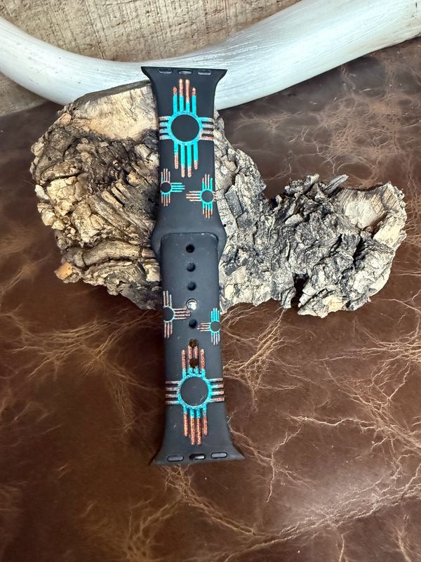 38-41 Black Band Turquoise-Copper Zia Engraved Silicone iwatch Band