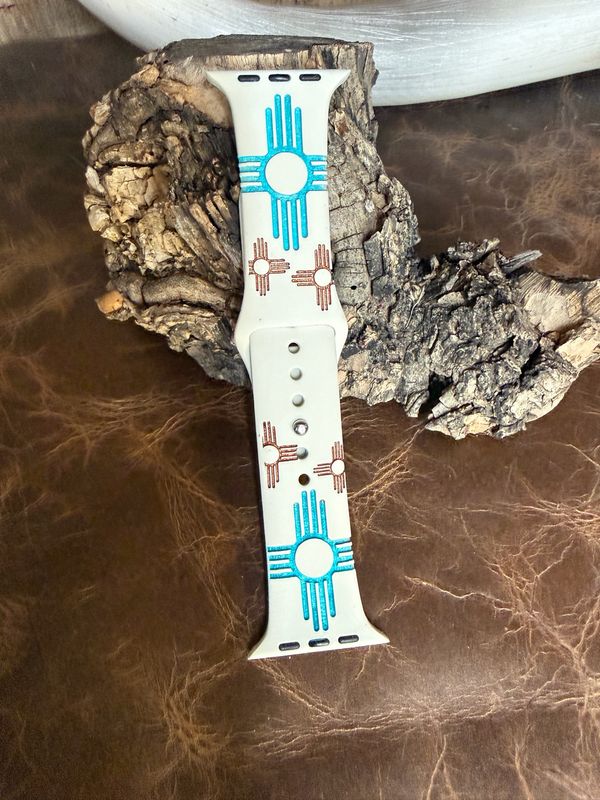 42-45 Bone Color Band Turquoise Copper Zia Engraved Silicone iwatch Band