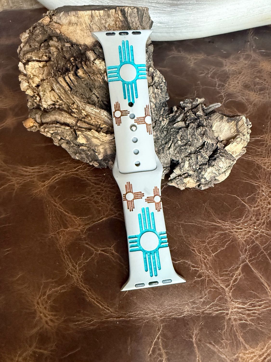 42-45 Gray Band Turquoise Copper Zia Engraved Silicone iwatch Band