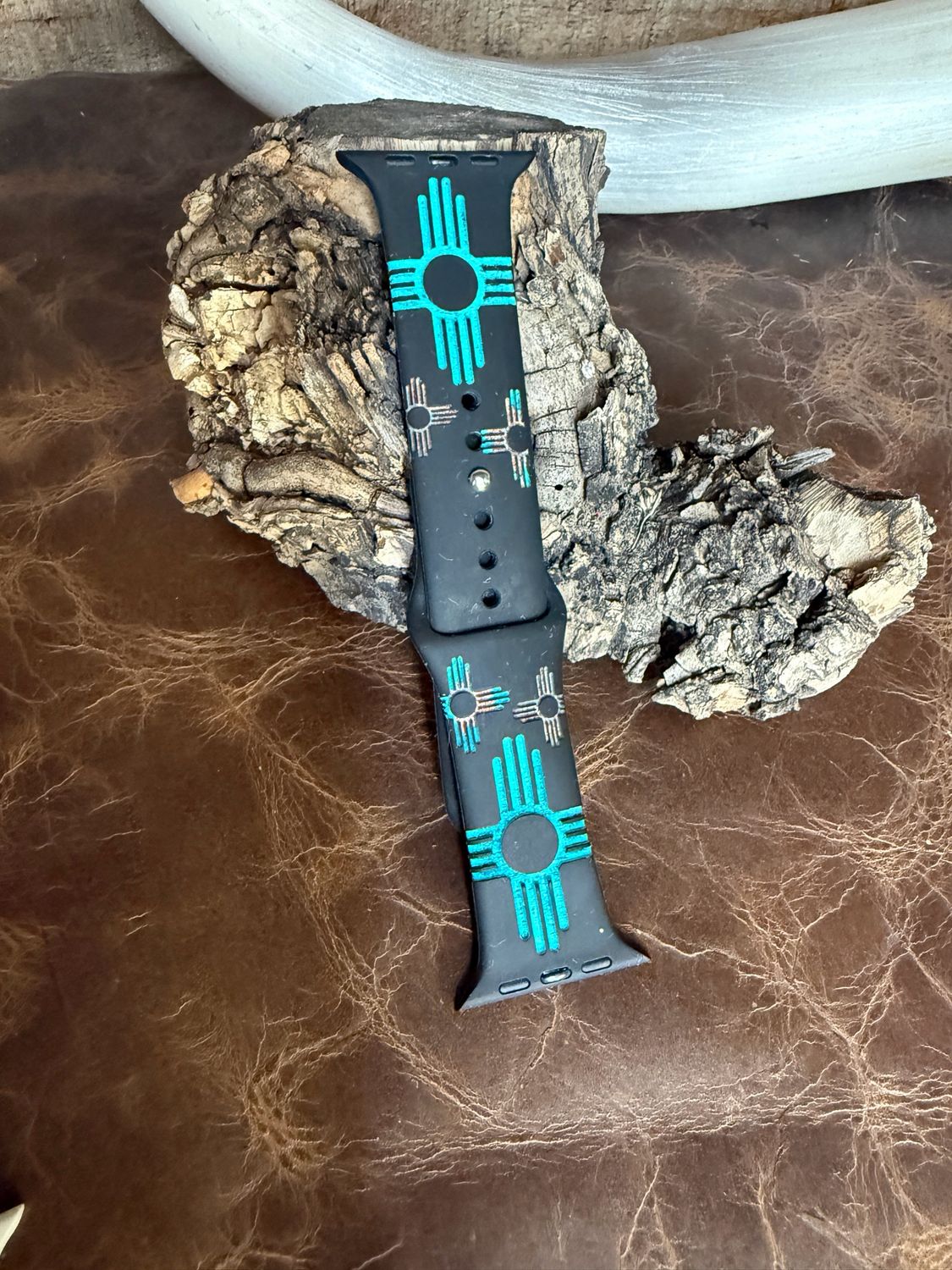 42-45 Black Band Turquoise Patina Zia Engraved Silicone iwatch Band