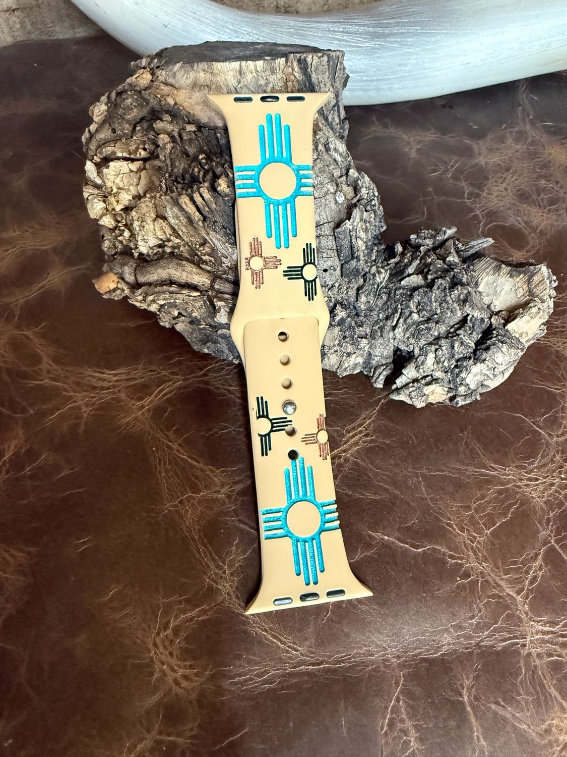 42-45 Tan Band Turquoise Copper Black Zia Engraved Silicone iwatch Band