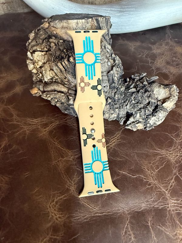 42-45 Tan Band Turquoise Copper Black Zia Engraved Silicone iwatch Band