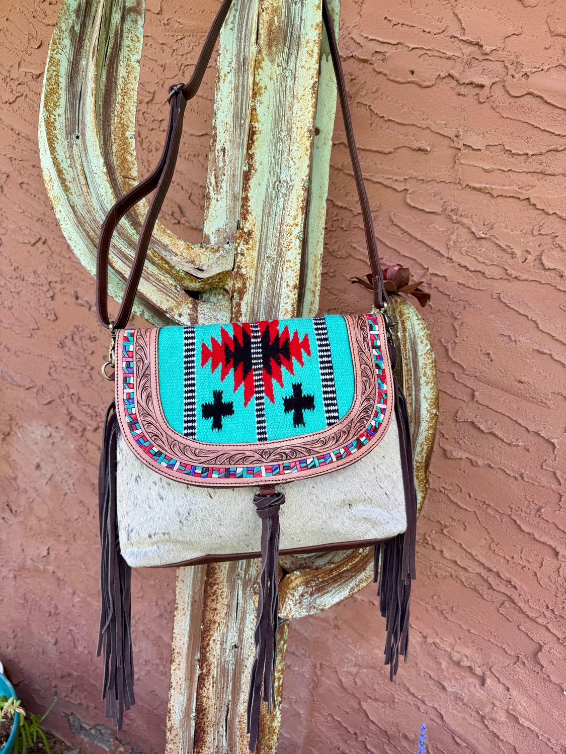 Turquoise Aztec Cowhide Fringe Crossbody Bag